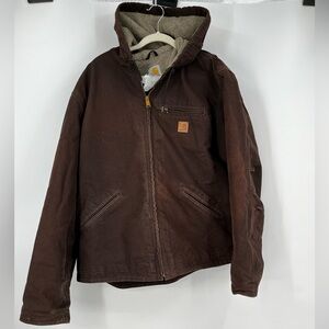 Carhartt J141 DKB Sherpa Lined Hooded Jacket Brown - Men's XL - Fading Displayed